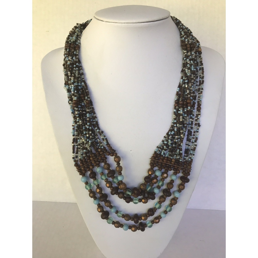 Vintage Necklace multi layers Turquoise and Brown chunky multi beads layered